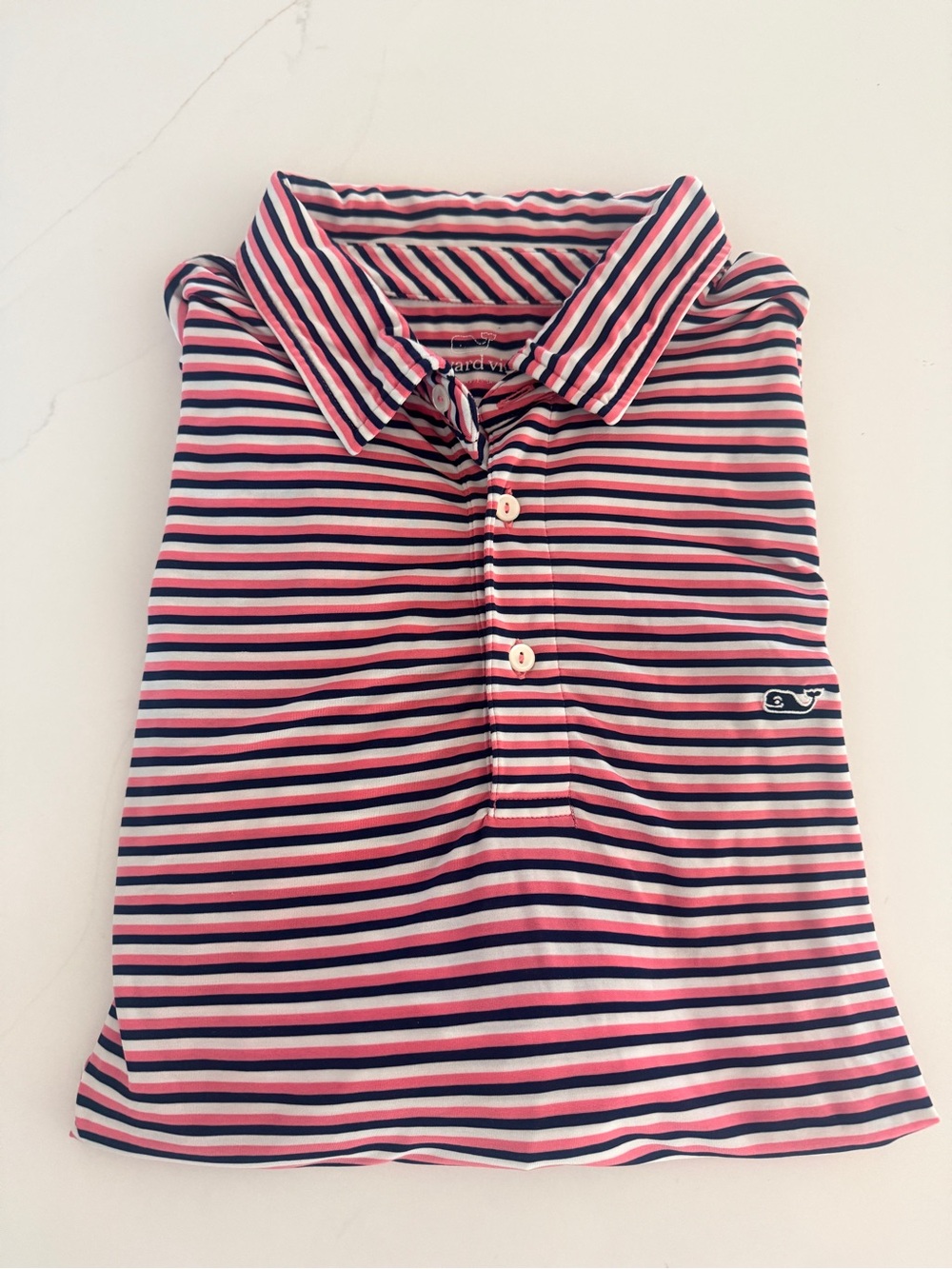 Vineyard Vines Coral Pink, Navy & White Striped Polo Performance